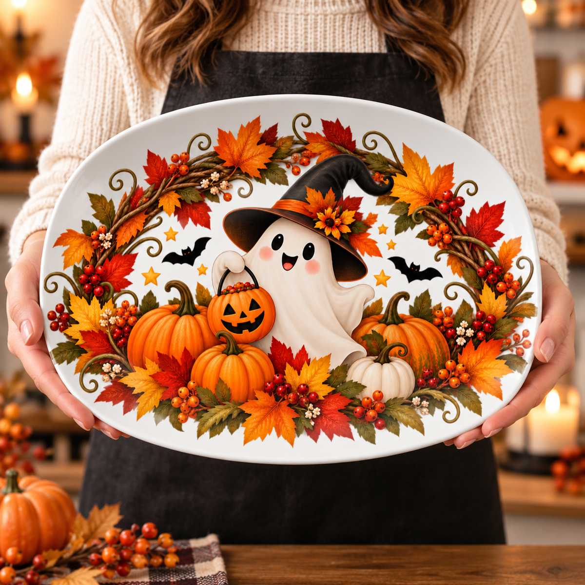 Cute Halloween Ghost & Pumpkin Wreath Platter