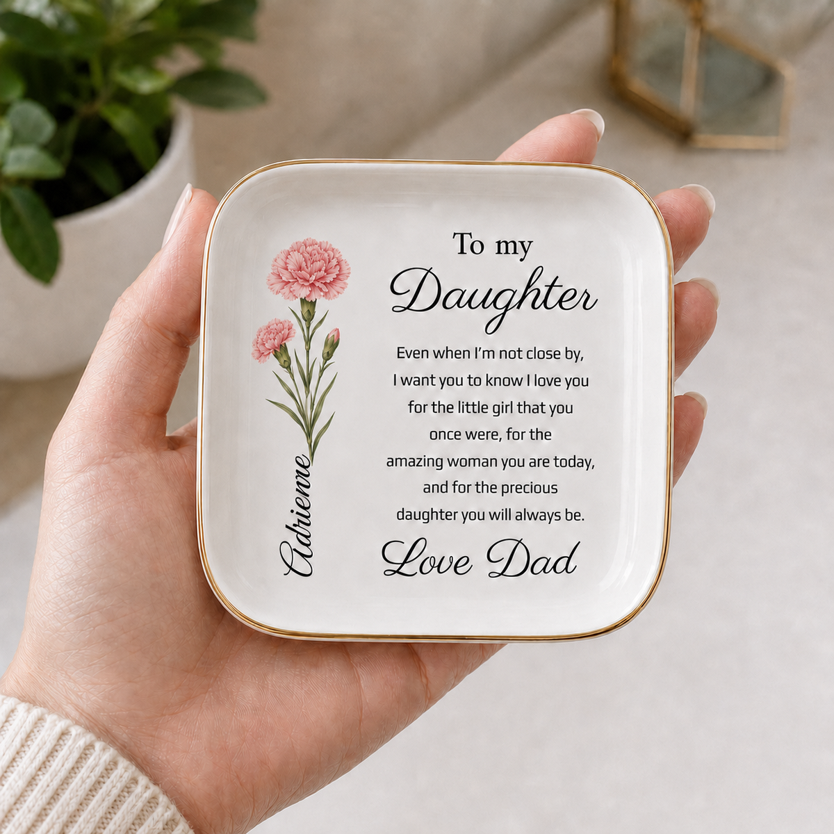Personalized Birth Flower Jewelry Dish, Gift from Dad