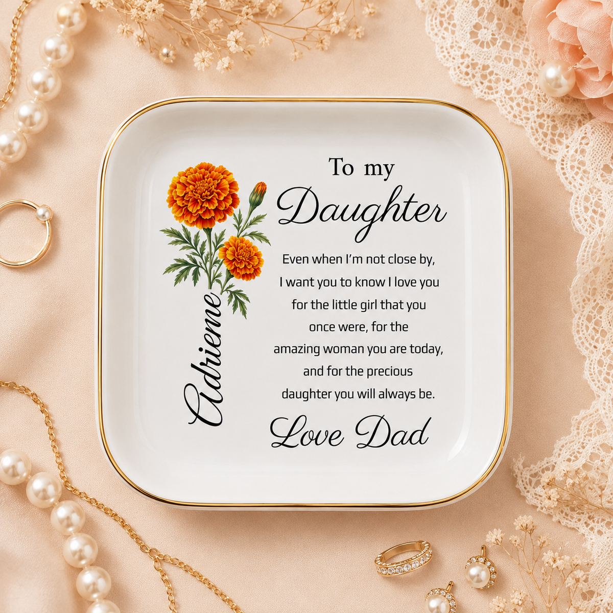 Personalized Birth Flower Jewelry Dish, Gift from Dad