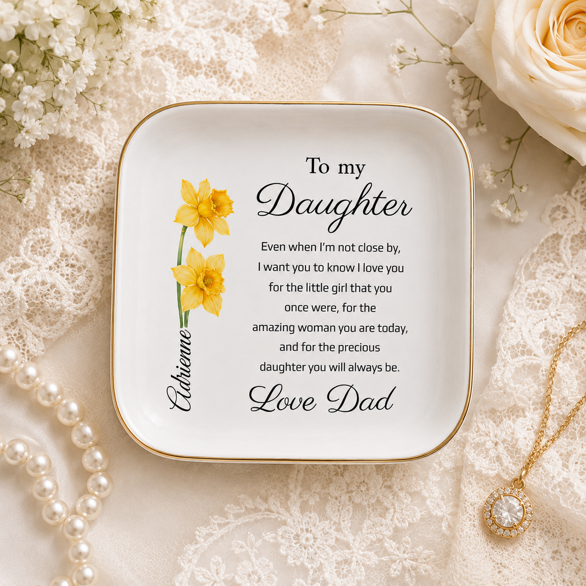 Personalized Birth Flower Jewelry Dish, Gift from Dad