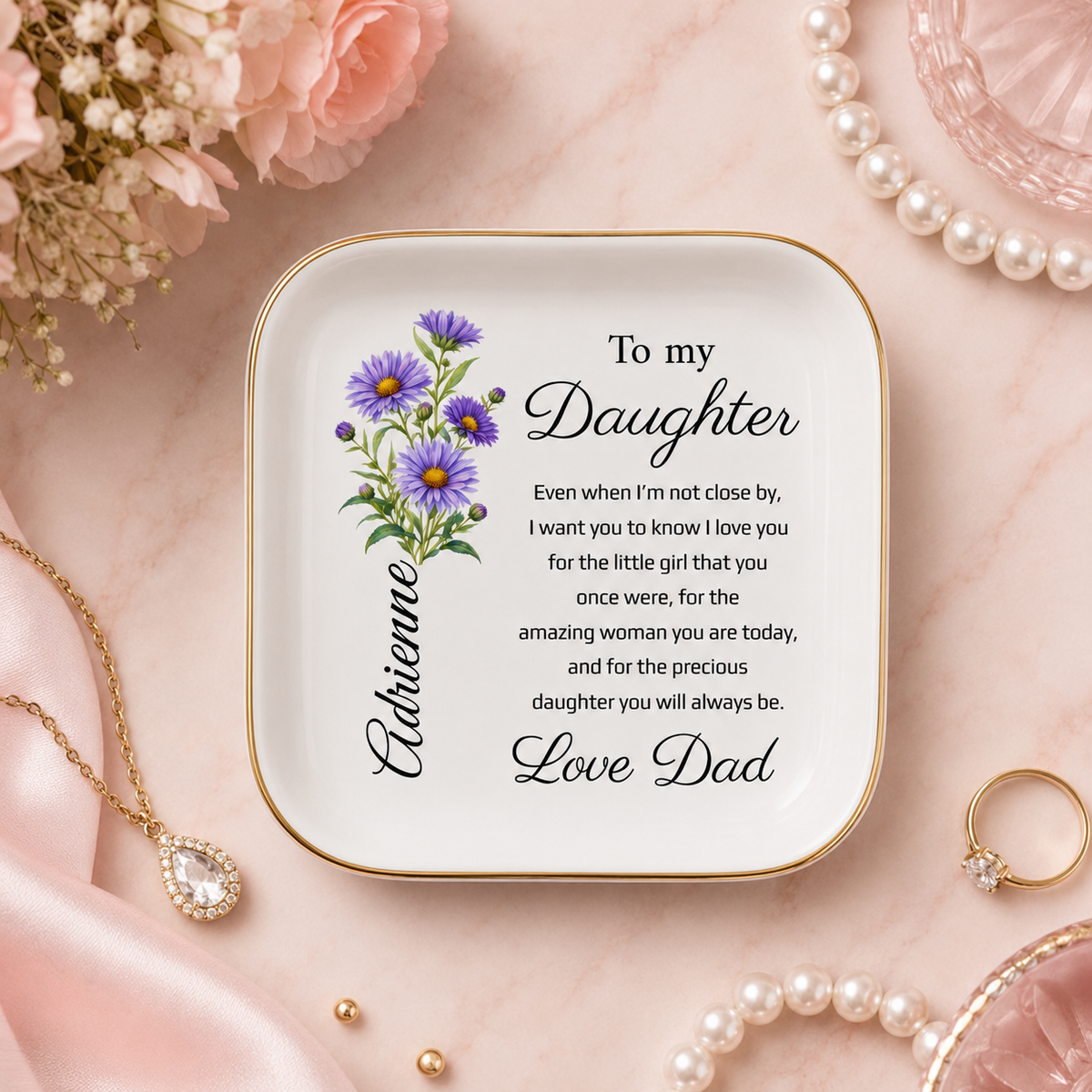 Personalized Birth Flower Jewelry Dish, Gift from Dad