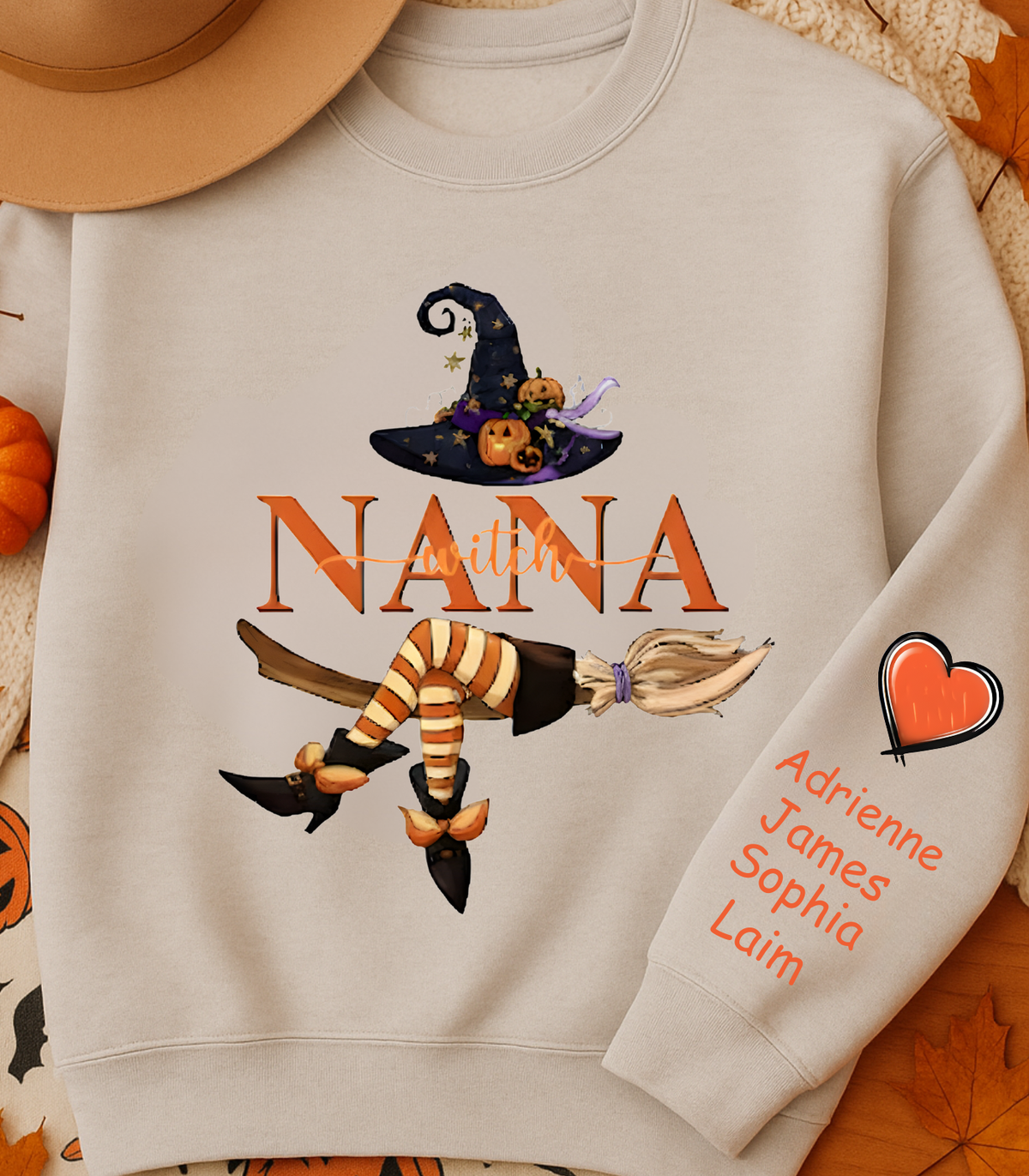 Personalized Nana Witch Life Halloween Sweatshirt with Heart and Grandchildren's Names