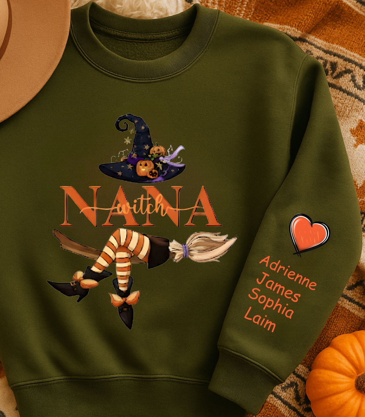 Personalized Nana Witch Life Halloween Sweatshirt with Heart and Grandchildren's Names