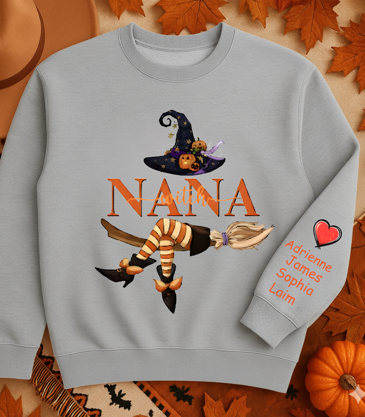 Personalized Nana Witch Life Halloween Sweatshirt with Heart and Grandchildren's Names