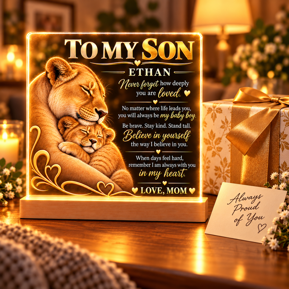 To My Son From Mom / Lioness & Cub LED Acrylic Plaque