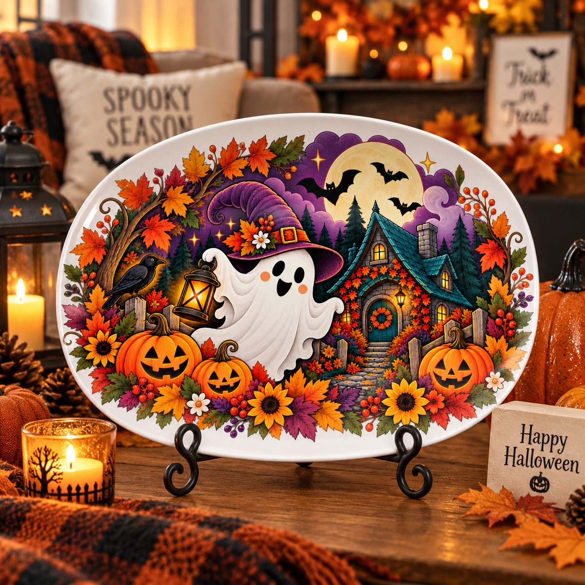 Haunted Halloween Ghost & Pumpkin Platter