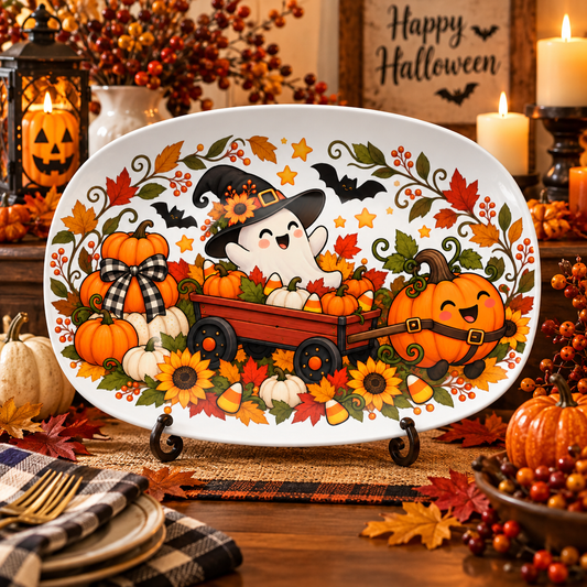 Halloween Ghost & Pumpkin Wagon Platter