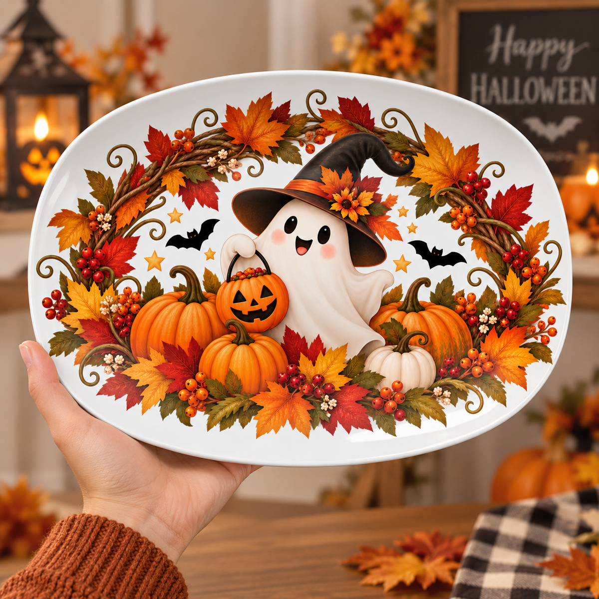 Cute Halloween Ghost & Pumpkin Wreath Platter
