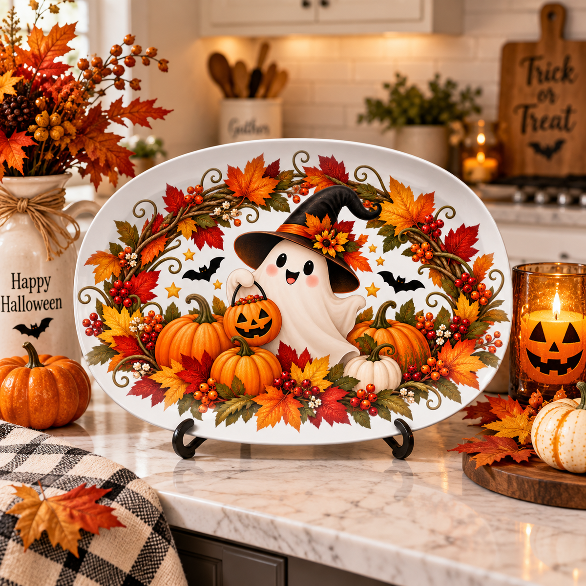 Cute Halloween Ghost & Pumpkin Wreath Platter
