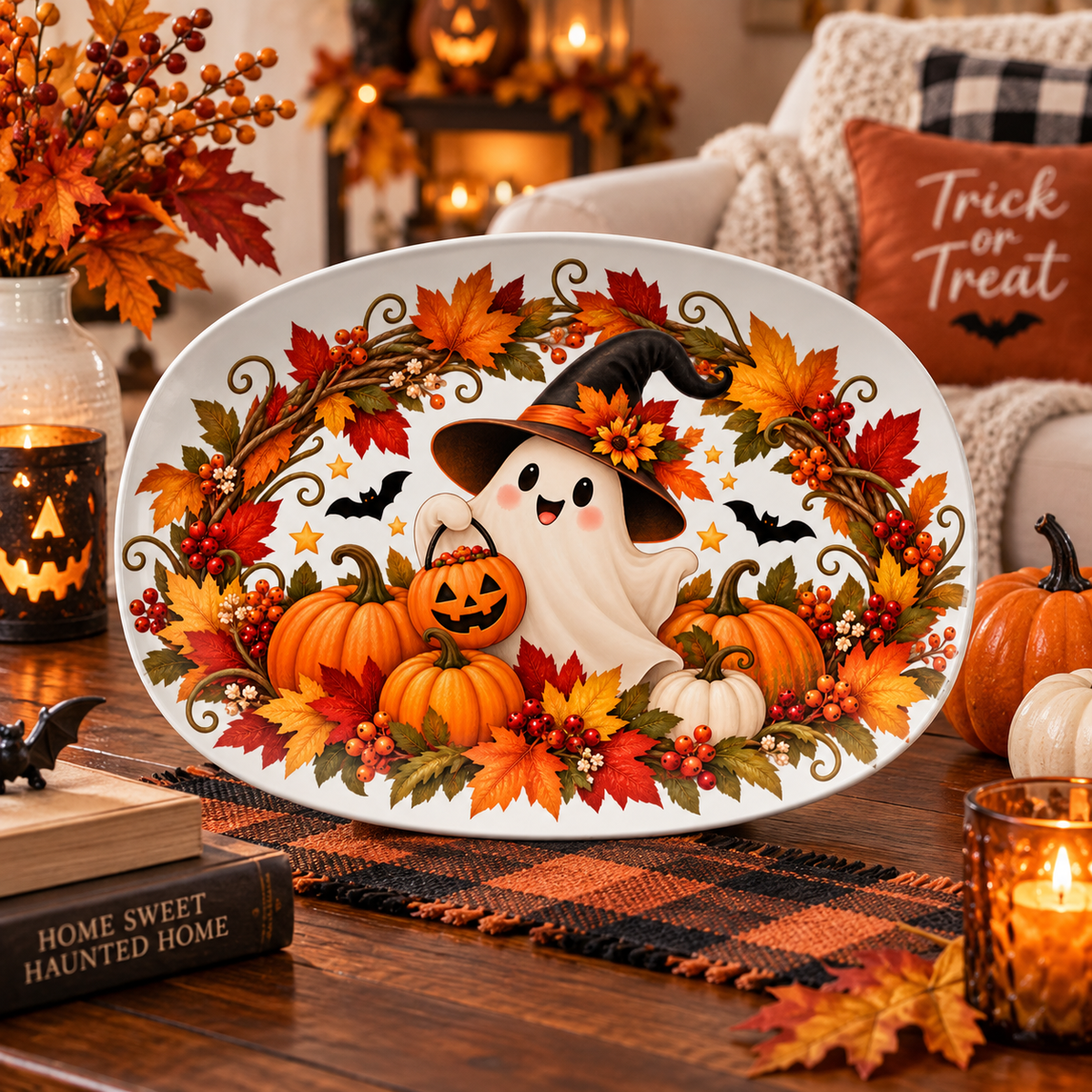 Cute Halloween Ghost & Pumpkin Wreath Platter