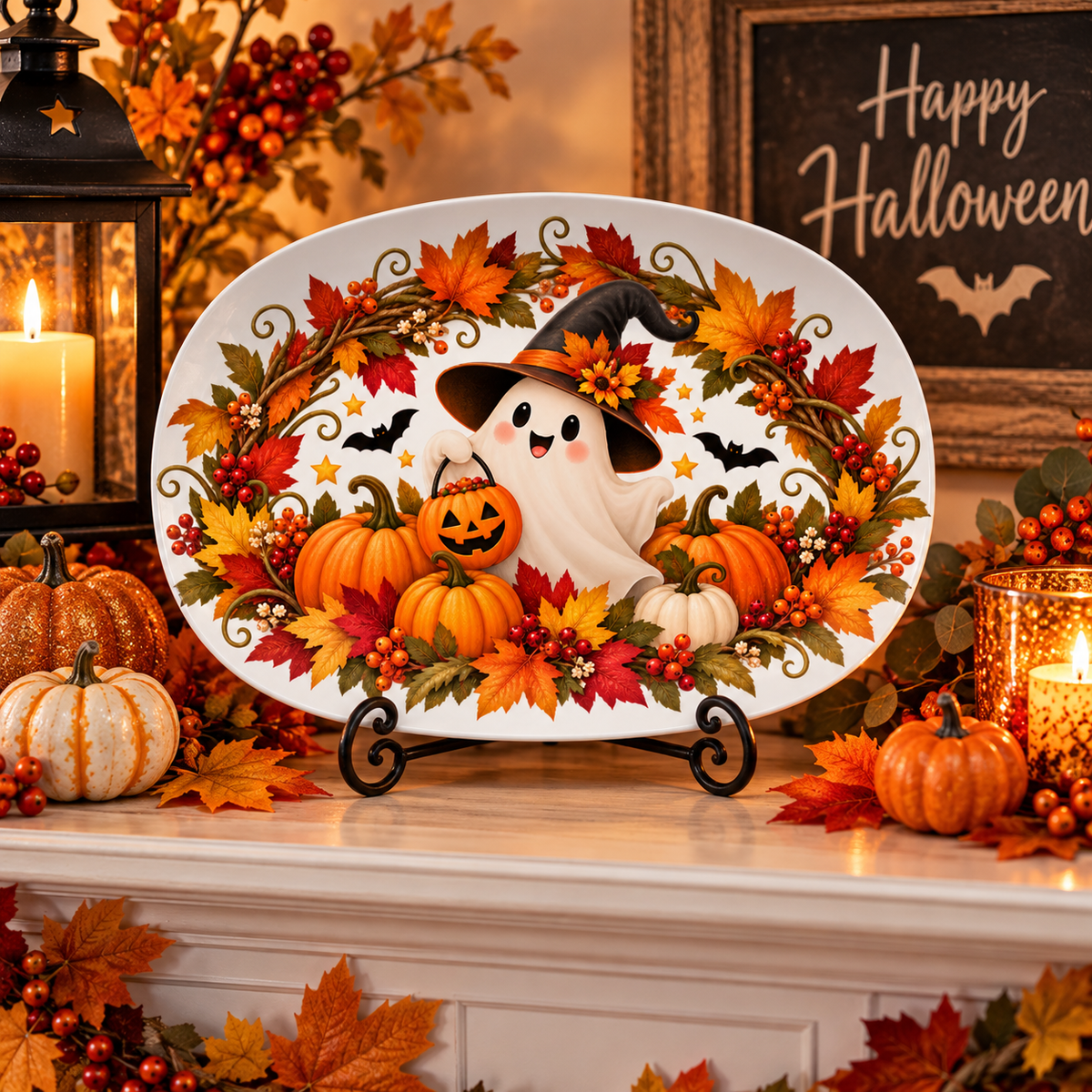 Cute Halloween Ghost & Pumpkin Wreath Platter
