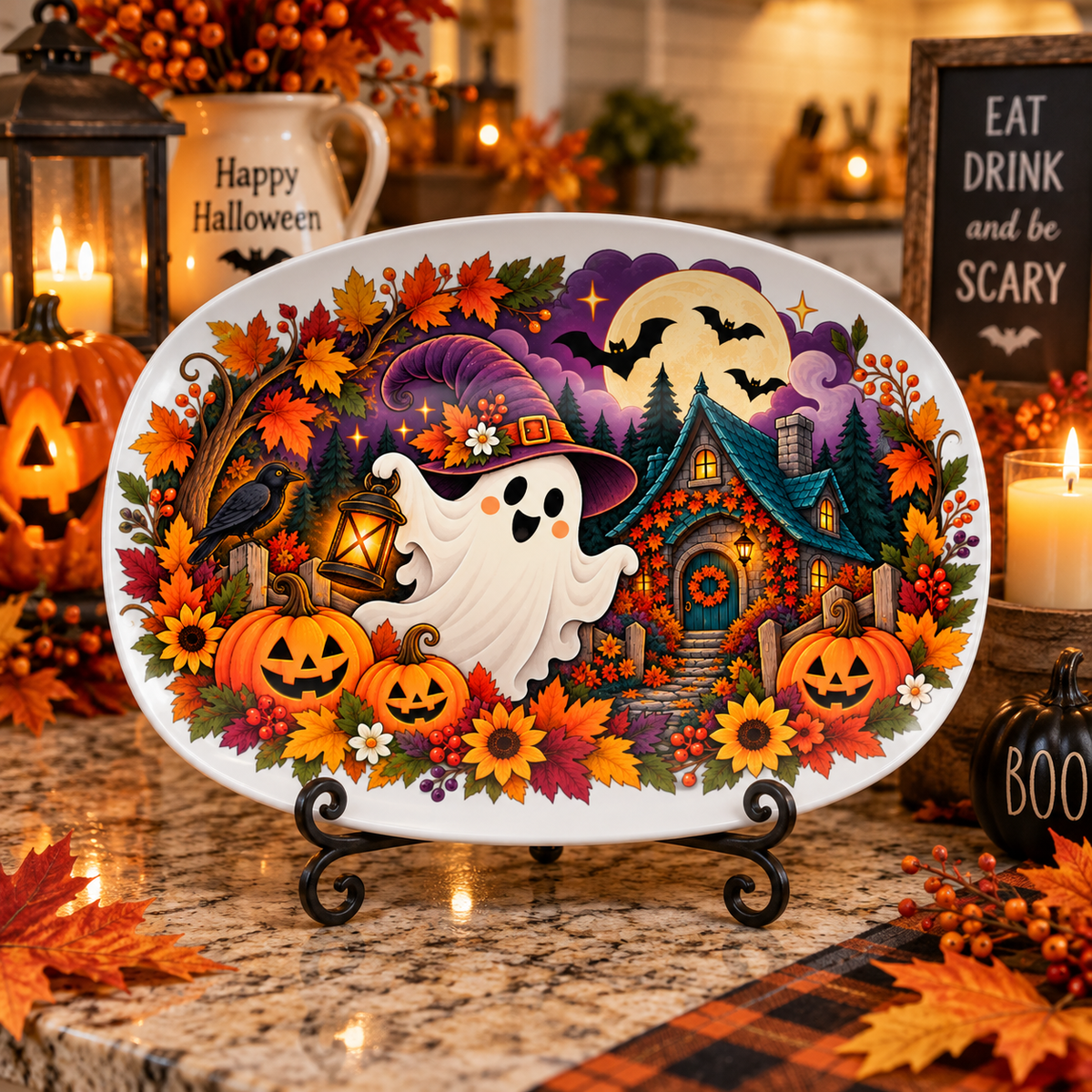 Haunted Halloween Ghost & Pumpkin Platter
