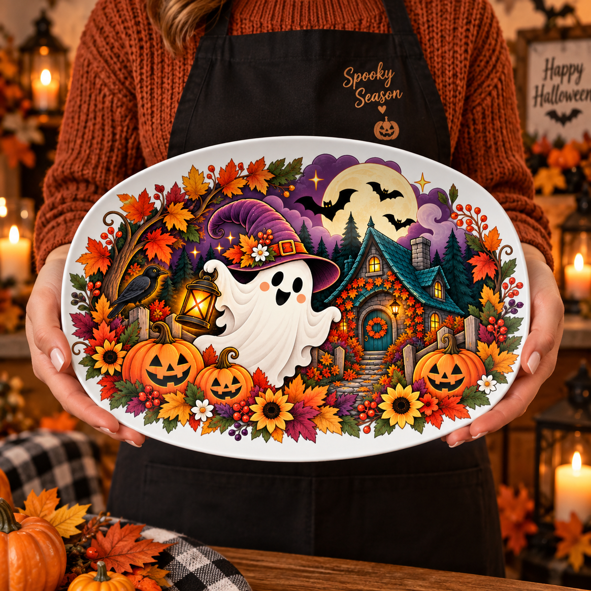 Haunted Halloween Ghost & Pumpkin Platter