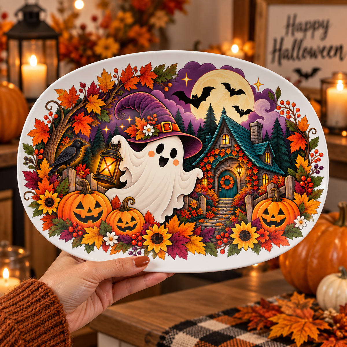 Haunted Halloween Ghost & Pumpkin Platter